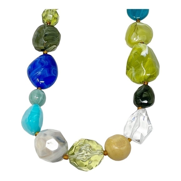 Multicolor Swirl Faceted Green Blue Clear Turquoise Color Lucite Beaded Necklace - Picture 6 of 7